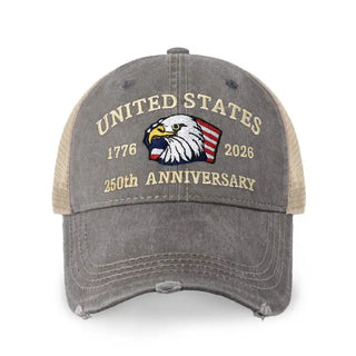 light grey baseball cap with an eagle and the USA 250th Anniversary logo