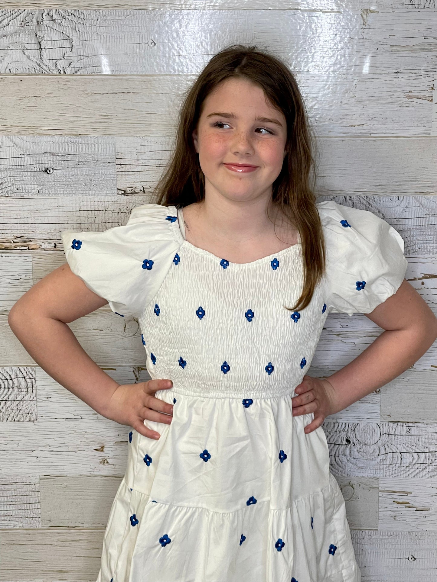 Blue Daisy White Dress