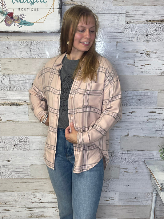 River Plaid Button Up - Soft Pink