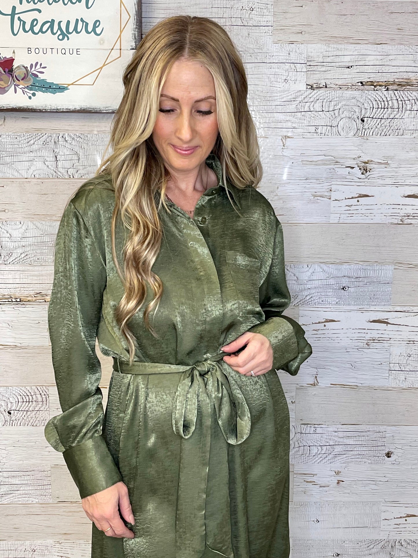 Satin Olive Shirt Dress - S