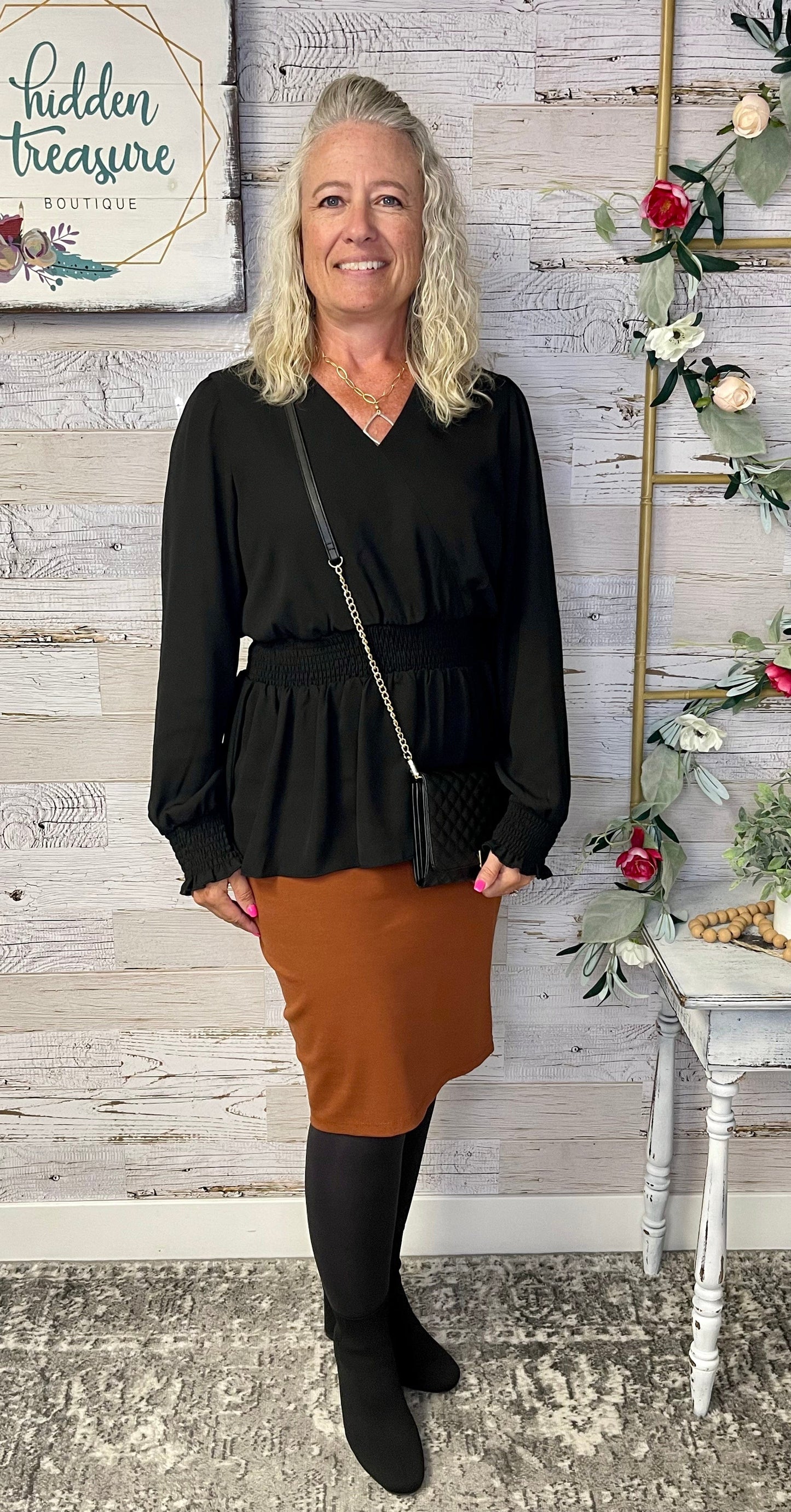 Smocked Waist Black Blouse