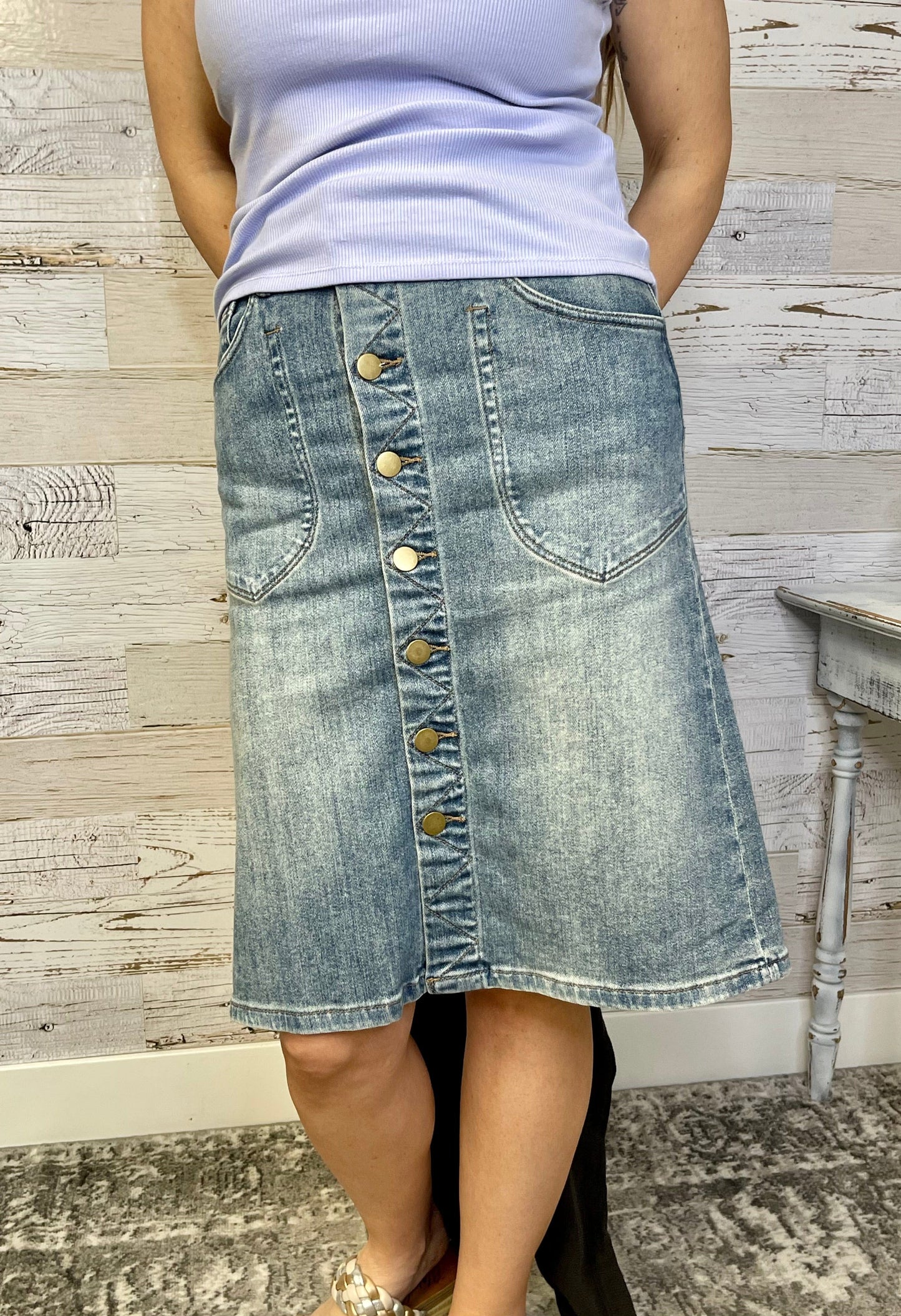 Button Front Denim Skirt