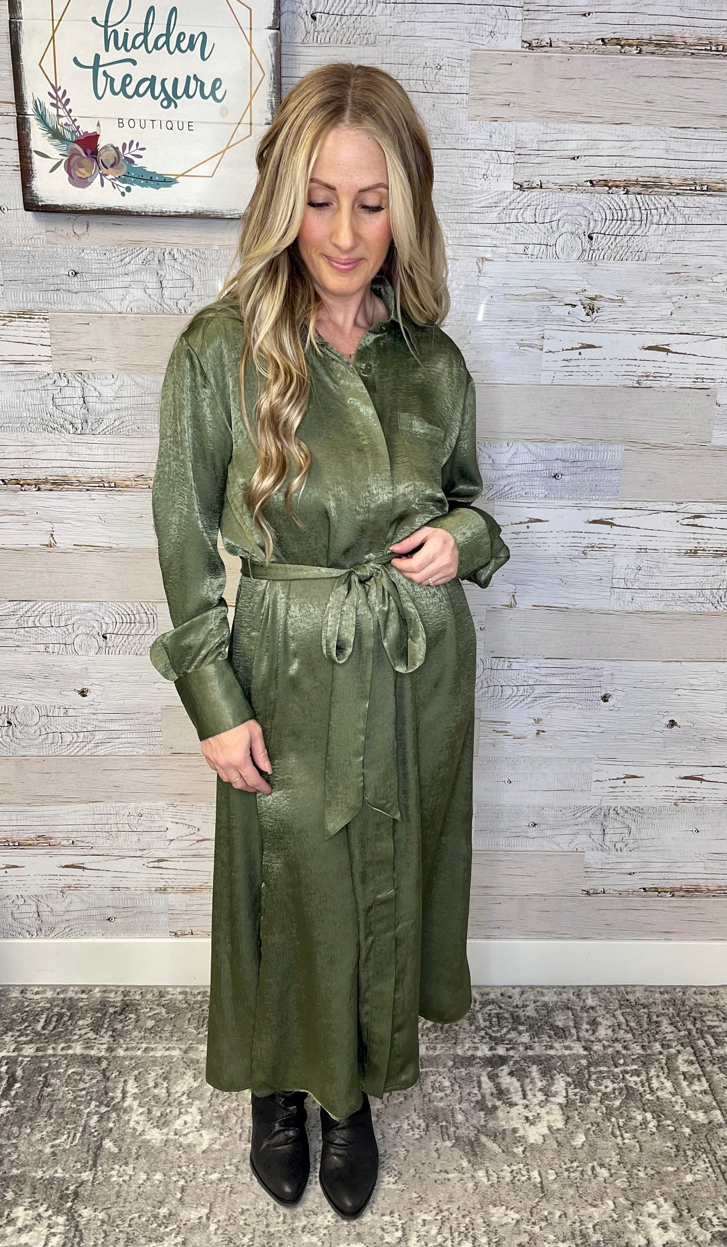 Satin Olive Shirt Dress - S