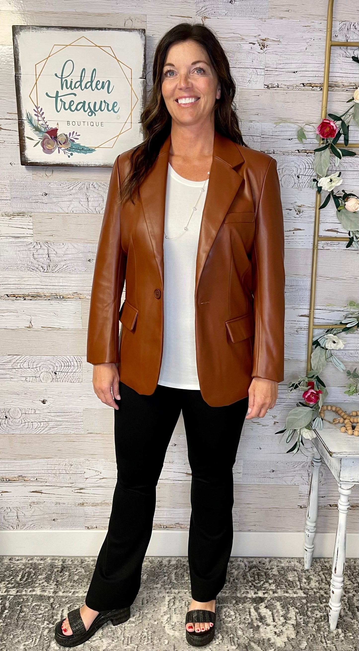 Cognac Faux Leather Blazer