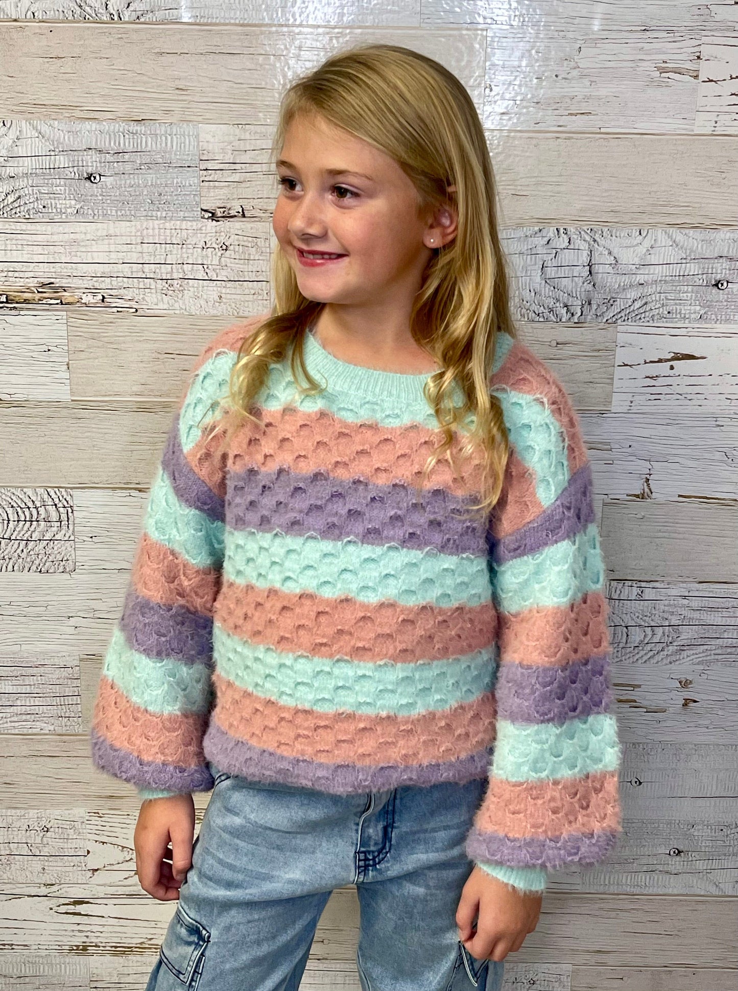 Girls Chunky Mint Stripe Sweater