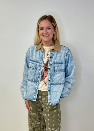 acid wash corduroy collar denim jacket