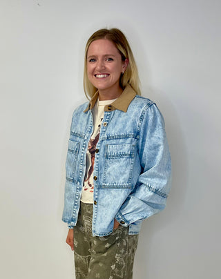 acid wash corduroy collar denim jacket