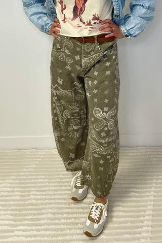 barrel leg bandana print jeans