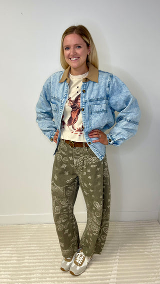 barrel leg bandana print jeans