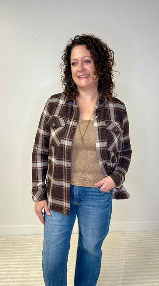 plaid button down in coffee color