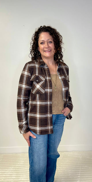 plaid button down in coffee color
