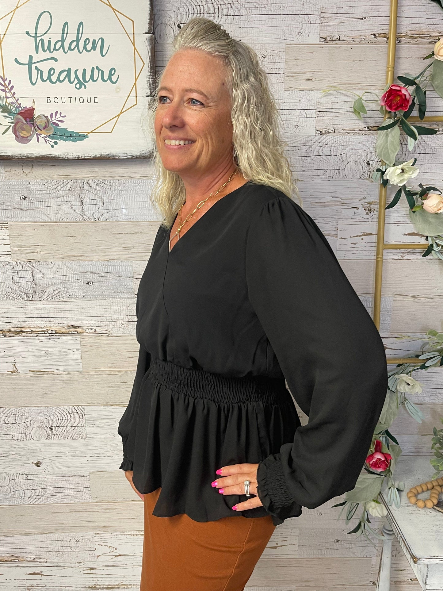 Smocked Waist Black Blouse