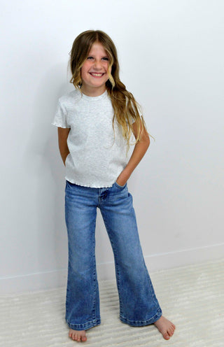 Ribbed Girls Lettuce Trim Tee - Grey