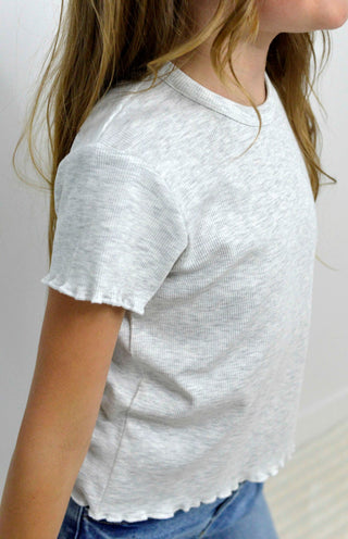 Ribbed Girls Lettuce Trim Tee - Grey