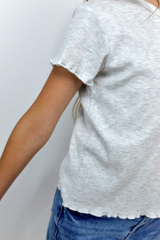 Ribbed Girls Lettuce Trim Tee - Grey