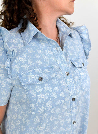 Floral Printed Denim Shirt Dress