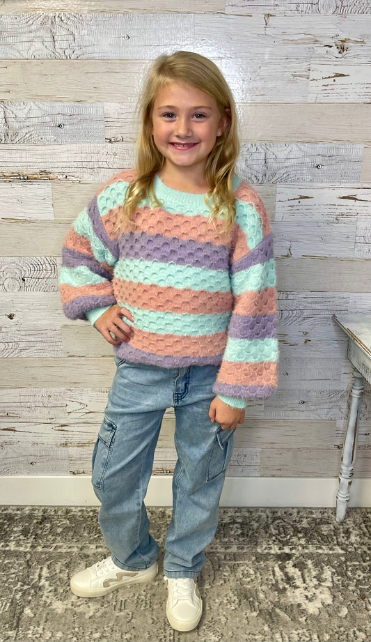 Girls Chunky Mint Stripe Sweater