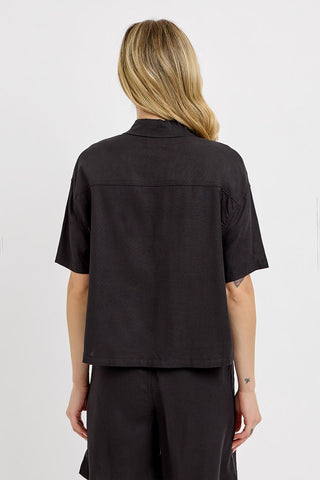 Oversized Cropped Linen Top - Black