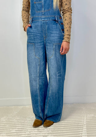 medium wash denim overalls