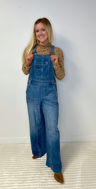 medium wash denim overalls