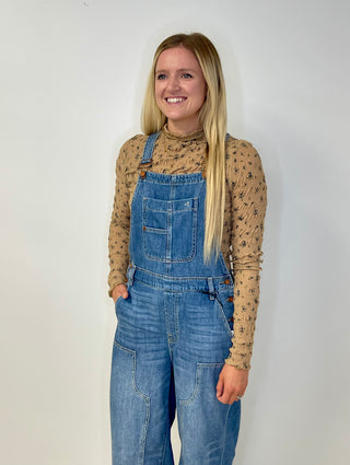 medium wash denim overalls