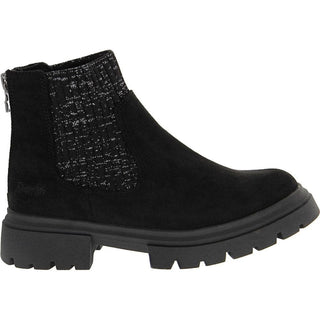 Black ankle boot with textured side panel on a white background