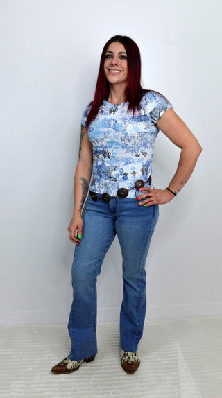Blue Cap Sleeve Vintage Western Tee - Shop Hidden Treasure Boutique