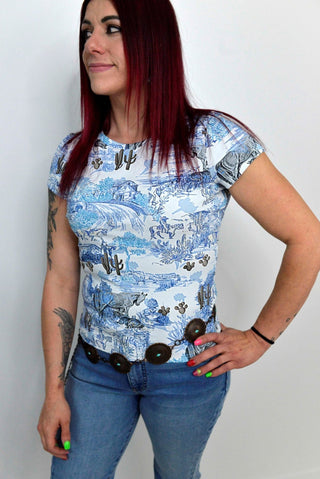 Blue Cap Sleeve Vintage Western Tee - Shop Hidden Treasure Boutique