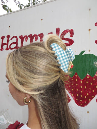 BLUE GINGHAM STRAWBERRY CHARM CLAW - Shop Hidden Treasure Boutique