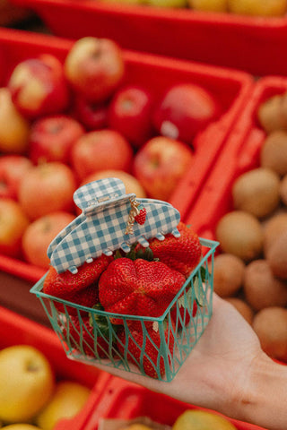 BLUE GINGHAM STRAWBERRY CHARM CLAW - Shop Hidden Treasure Boutique