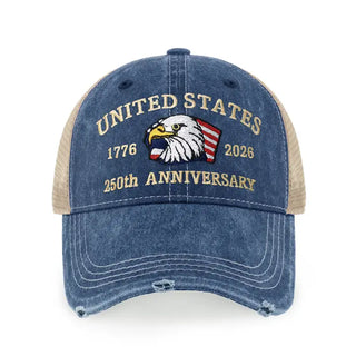 Blue cap with 'United States 250th Anniversary' text and eagle design on a white background