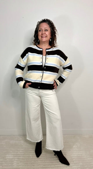 A woman modeling a brown, cream, and light blue striped knit cardigan with white wide-leg pants and black pointed shoes, standing against a plain light gray wall.