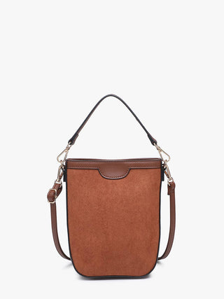 A brown bucket-style handbag with a textured suede-like front, smooth brown leather trim, a top handle, and a detachable shoulder strap, shown on a plain white background.