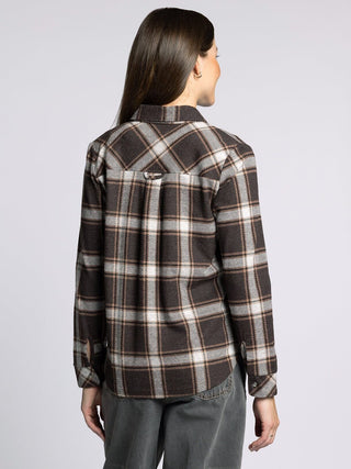 plaid button down in coffee color