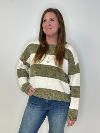 Chenille Olive Stripe Sweater - Shop Hidden Treasure Boutique
