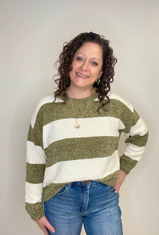 Chenille Olive Stripe Sweater - Shop Hidden Treasure Boutique