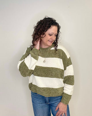 Chenille Olive Stripe Sweater - Shop Hidden Treasure Boutique