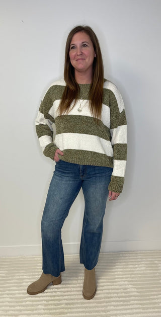Chenille Olive Stripe Sweater - Shop Hidden Treasure Boutique