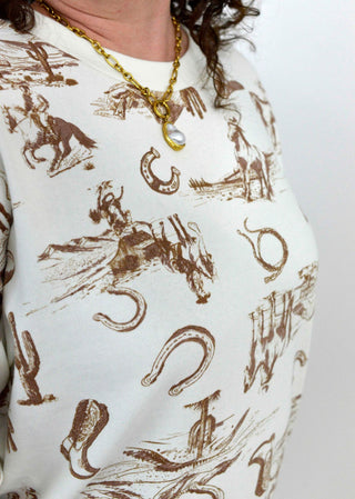 Cream Cowboy Print Crew Neck - Shop Hidden Treasure Boutique