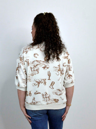 Cream Cowboy Print Crew Neck - Shop Hidden Treasure Boutique
