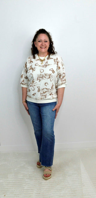 Cream Cowboy Print Crew Neck - Shop Hidden Treasure Boutique