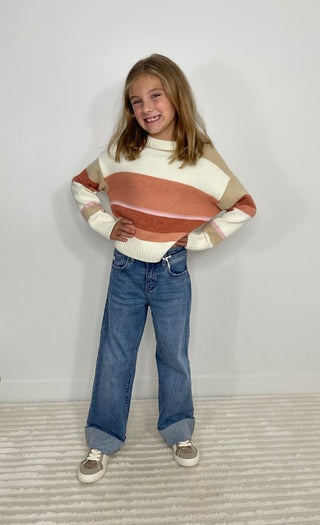 Crew Neck Girls Cream Stripe Sweater - Shop Hidden Treasure Boutique