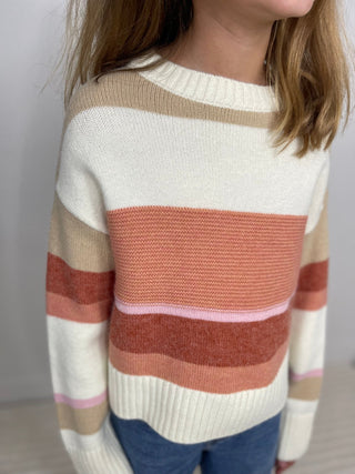 Crew Neck Girls Cream Stripe Sweater - Shop Hidden Treasure Boutique