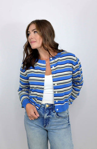 Crew Neck Multi Stripe Cardigan - Shop Hidden Treasure Boutique