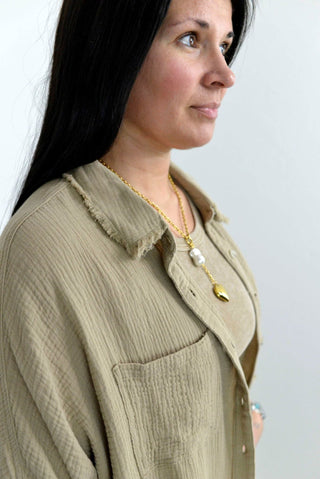Crinkled Gauze Button Down - Biscuit - Shop Hidden Treasure Boutique