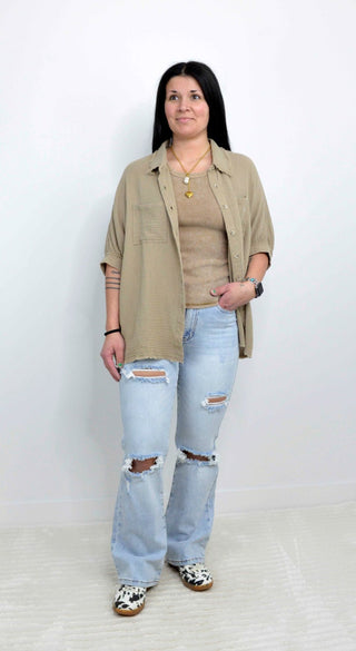 Crinkled Gauze Button Down - Biscuit - Shop Hidden Treasure Boutique