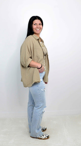 Crinkled Gauze Button Down - Biscuit - Shop Hidden Treasure Boutique