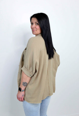 Crinkled Gauze Button Down - Biscuit - Shop Hidden Treasure Boutique