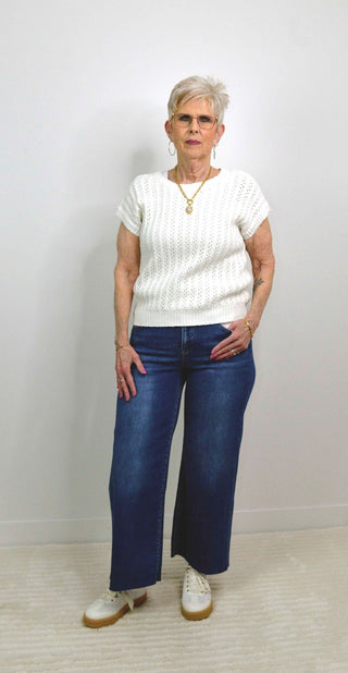Crochet White Short Sleeve Sweater - Shop Hidden Treasure Boutique