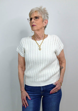 Crochet White Short Sleeve Sweater - Shop Hidden Treasure Boutique